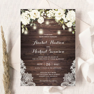 Rustic Wood White Flower Lace String Light Wedding Invitation