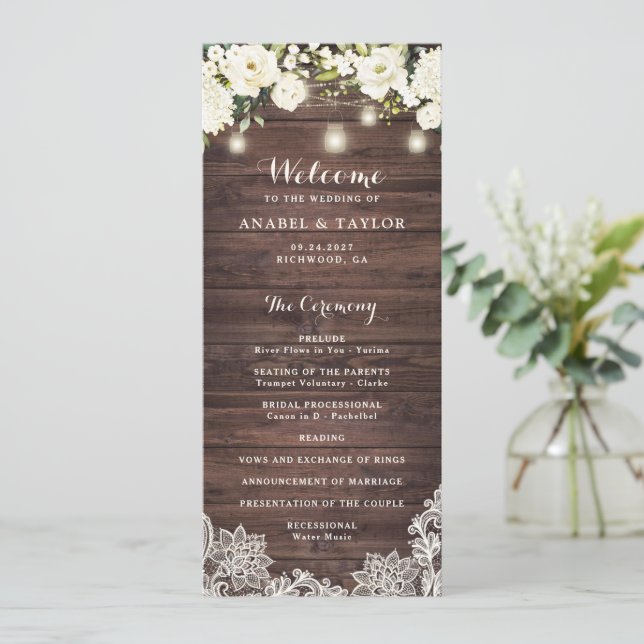 Rustic Wood White Flower Lace String Light Wedding Programme (Standing Front)