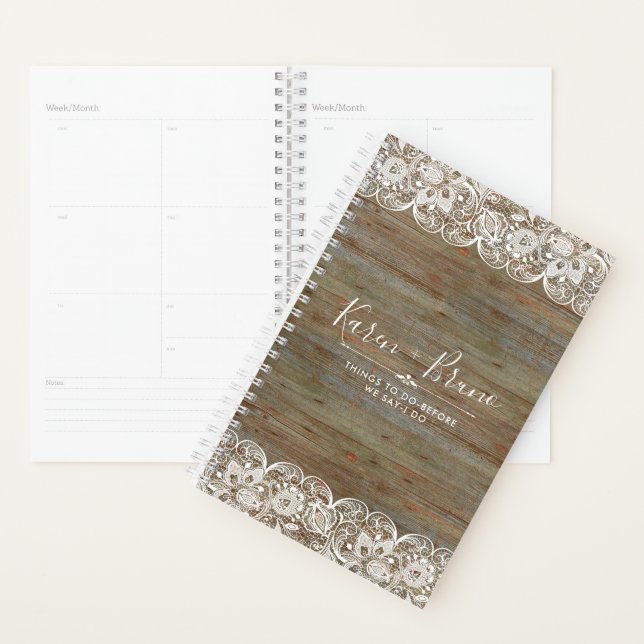 Rustic Wood White Girly Lace Wedding Planner (Display)
