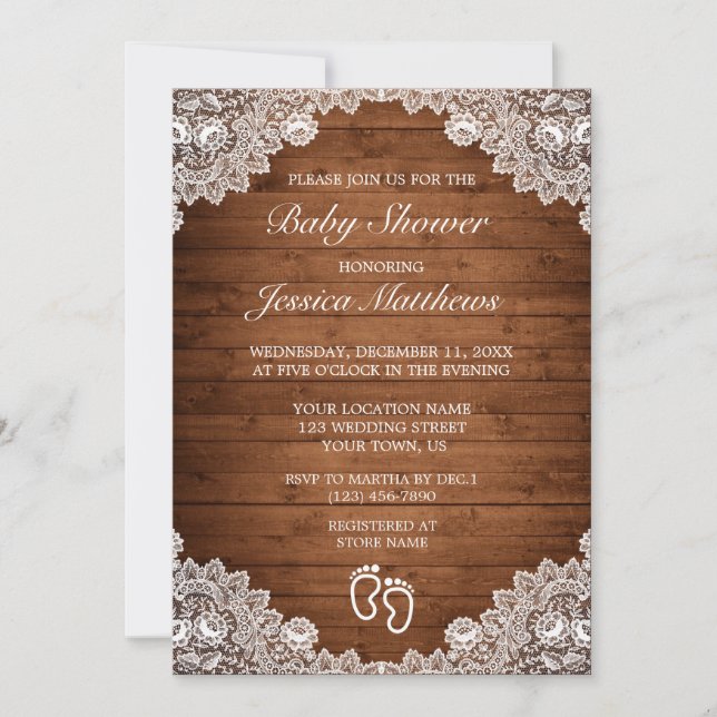 Rustic Wood & White Lace Baby Shower Invitation (Front)