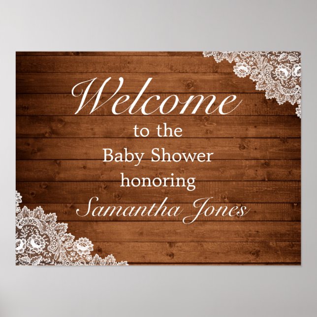 Rustic Wood & White Lace Baby Shower Welcome Sign (Front)