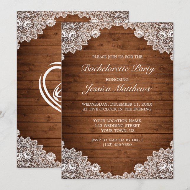 Rustic Wood & White Lace Bachelorette Party Invitation (Front/Back)