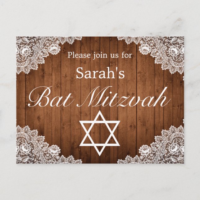 Rustic Wood & White Lace Bar Bat Mitzvah Announcement Postcard (Front)