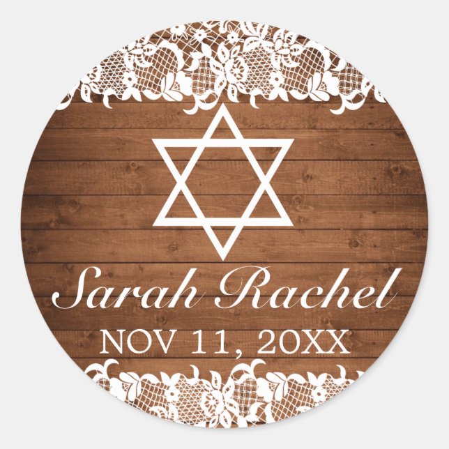 Rustic Wood & White Lace Bar Bat Mitzvah Classic Round Sticker (Front)