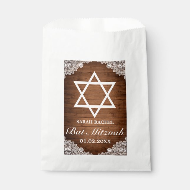 Rustic Wood & White Lace Bar Bat Mitzvah Favour Bags (Front)