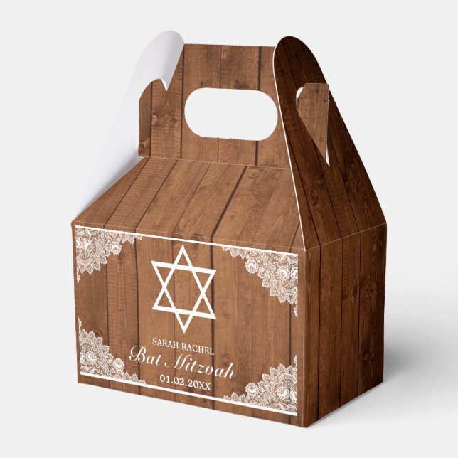Rustic Wood & White Lace Bar Bat Mitzvah Favour Box (Front Side)