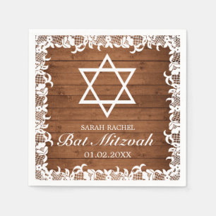 Rustic Wood & White Lace Bar Bat Mitzvah Napkin