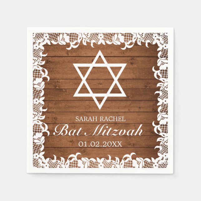 Rustic Wood & White Lace Bar Bat Mitzvah Napkin (Front)