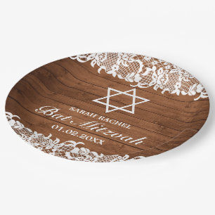Rustic Wood & White Lace Bar Bat Mitzvah Paper Plate