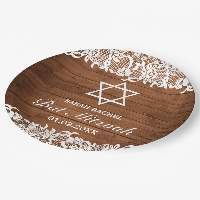Rustic Wood & White Lace Bar Bat Mitzvah Paper Plate (Angled)