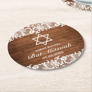 Rustic Wood & White Lace Bar Bat Mitzvah Round Paper Coaster