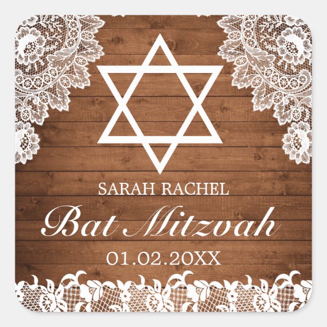 Rustic Wood & White Lace Bar Bat Mitzvah Square Sticker (Front)
