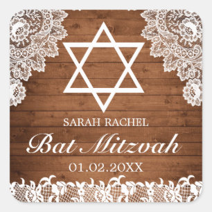 Rustic Wood & White Lace Bar Bat Mitzvah Square Sticker