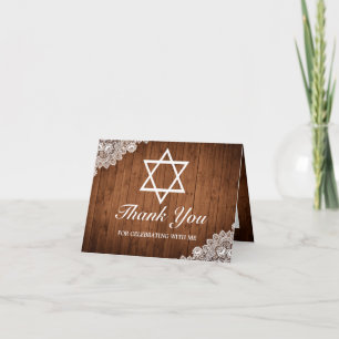 Rustic Wood & White Lace Bar Bat Mitzvah Thank You Card