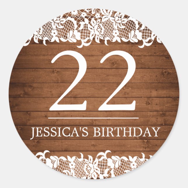 Rustic Wood & White Lace Birthday Age Classic Round Sticker (Front)