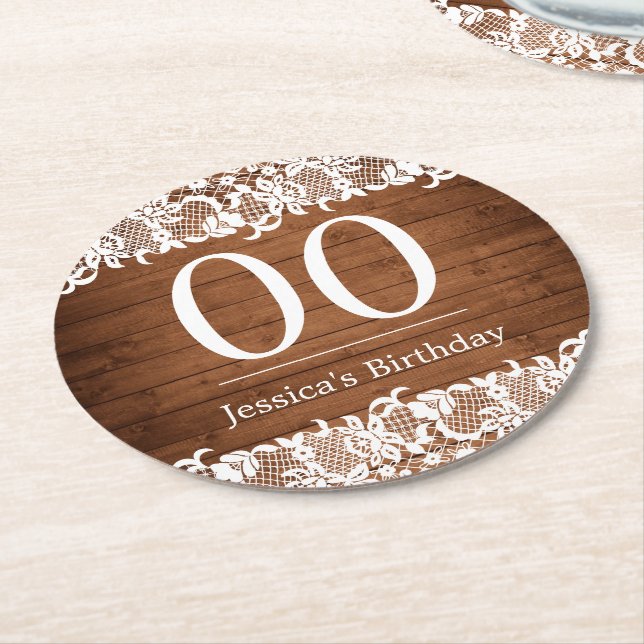 Rustic Wood & White Lace Birthday Round Paper Coaster (Angled)
