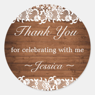 Rustic Wood & White Lace Birthday Thank You Classic Round Sticker