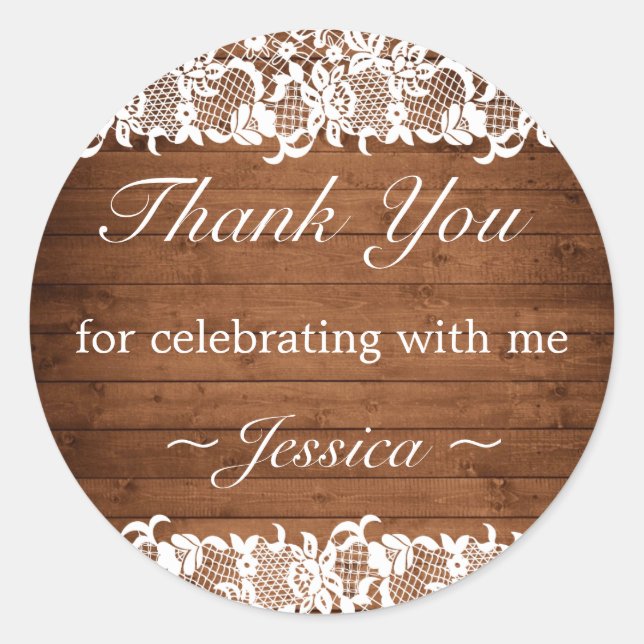 Rustic Wood & White Lace Birthday Thank You Classic Round Sticker (Front)