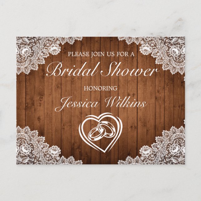Rustic Wood & White Lace Bridal Shower Announcement Postcard (Front)