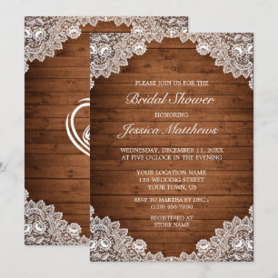 Rustic Wood & White Lace Bridal Shower Invitation