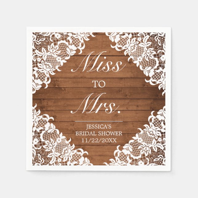 Rustic Wood & White Lace Bridal Shower Ms to Mrs Napkin (Front)