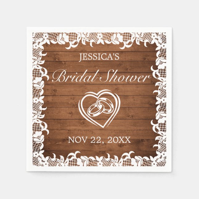 Rustic Wood & White Lace Bridal Shower Napkin (Front)