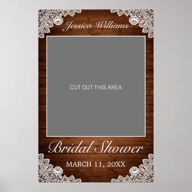 Rustic Wood & White Lace Bridal Shower Photo Prop Poster (Front)