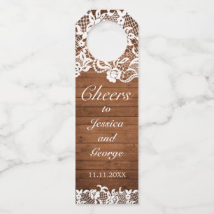 Rustic Wood & White Lace Cheers Wedding Bottle Tag
