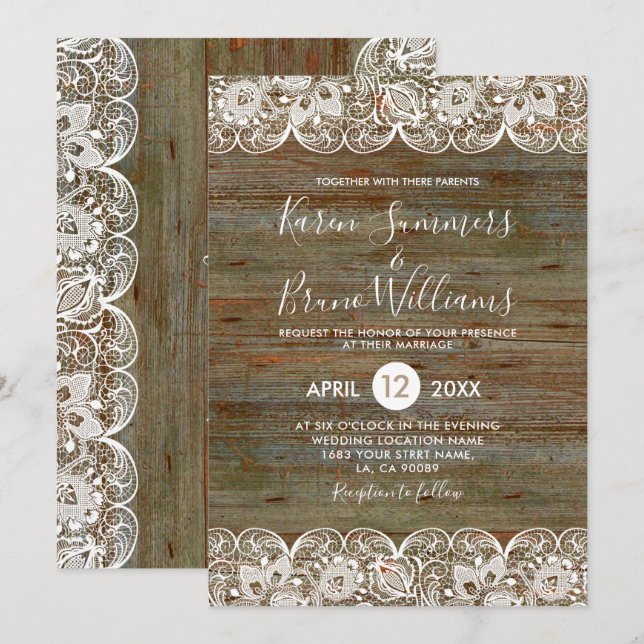 Rustic Wood & White Lace Frame Wedding Invitation (Front/Back)