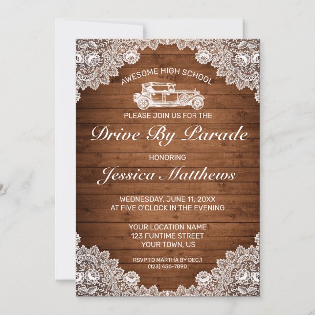 Rustic Wood White Lace Graduation Drive By Parade Invitation (Front)