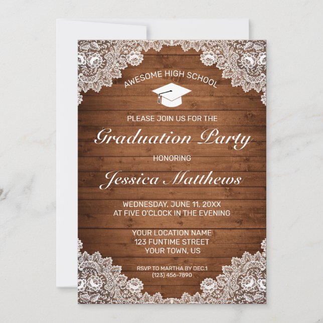 Rustic Wood & White Lace Graduation  Invitation (Front)