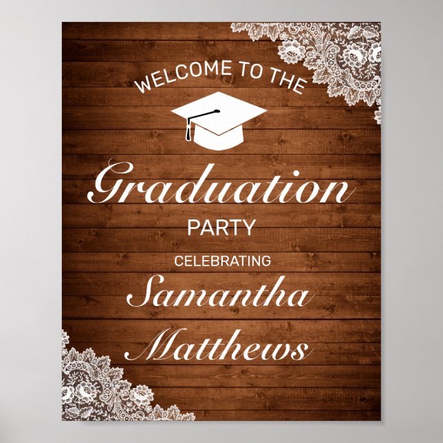 Rustic Wood & White Lace Graduation Party Welcome Poster (Front)