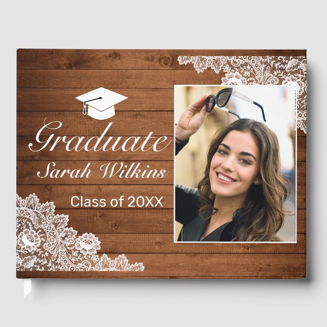 Rustic Wood & White Lace Graduation Photo Guest Book (Front)