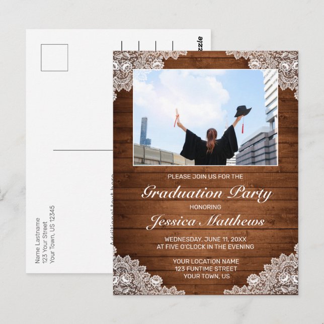 Rustic Wood White Lace Graduation Photo Invitation Postcard (Front/Back)