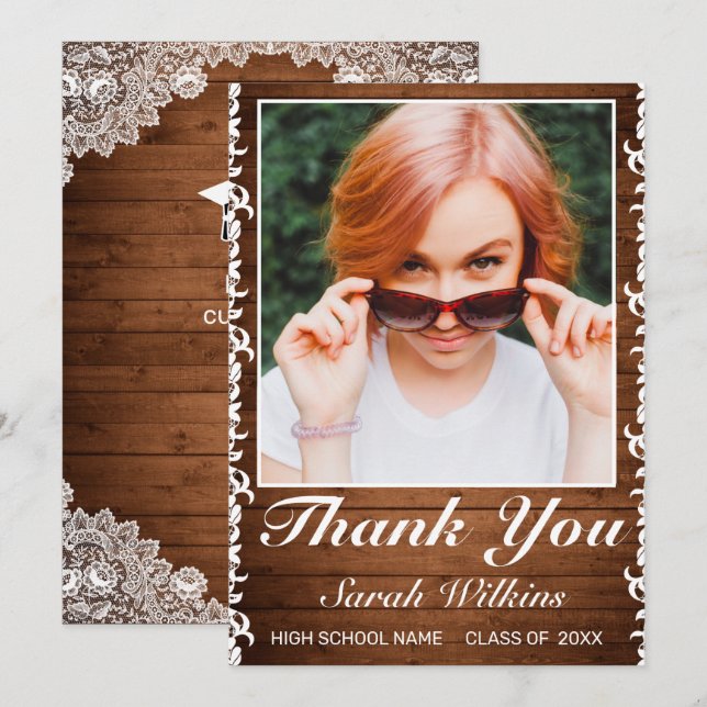 Rustic Wood & White Lace Graduation Photo  Thank Y Thank You Card (Front/Back)