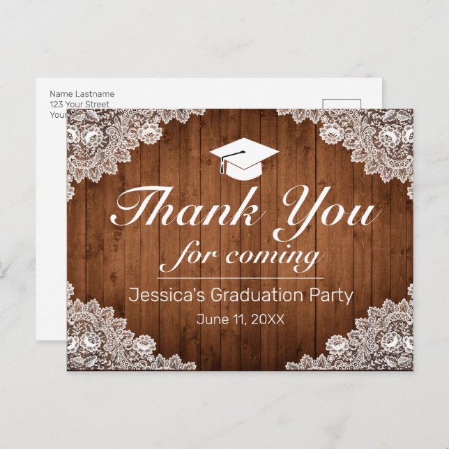 Rustic Wood & White Lace Graduation Thank You Post Postcard (Front/Back)