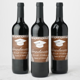 Rustic Wood & White Lace Graduation Wine Label