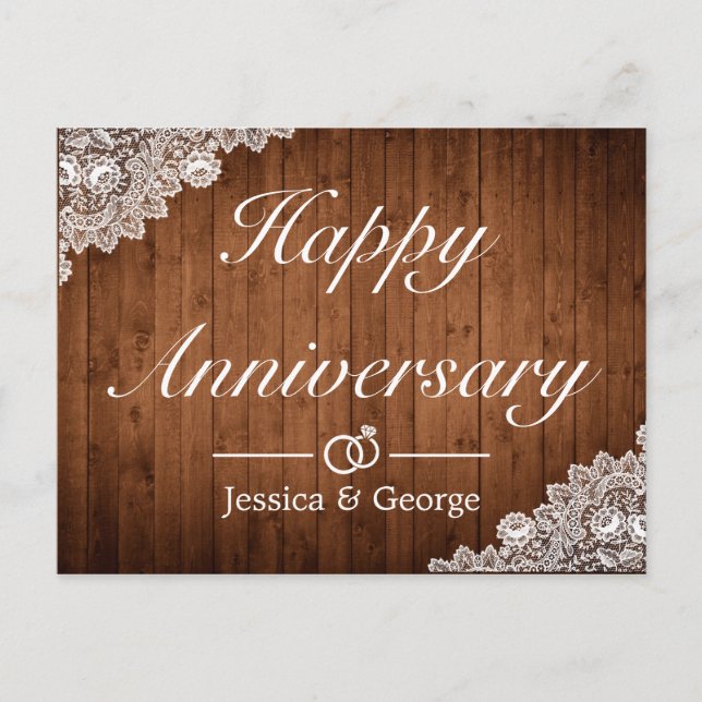 Rustic Wood White Lace Happy Anniversary Greeting Announcement Postcard (Front)