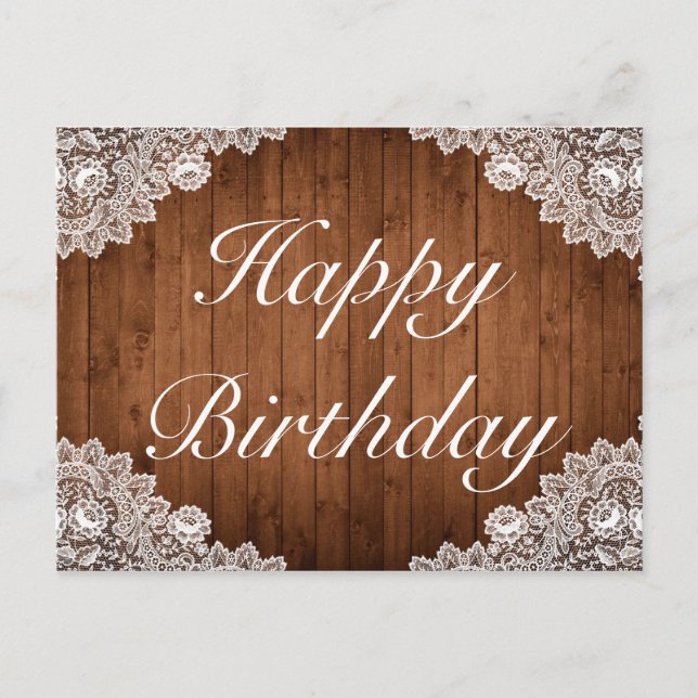 Rustic Wood & White Lace Happy Birthday Greeting Announcement Postcard (Front)