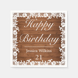 Rustic Wood & White Lace Happy Birthday Napkin