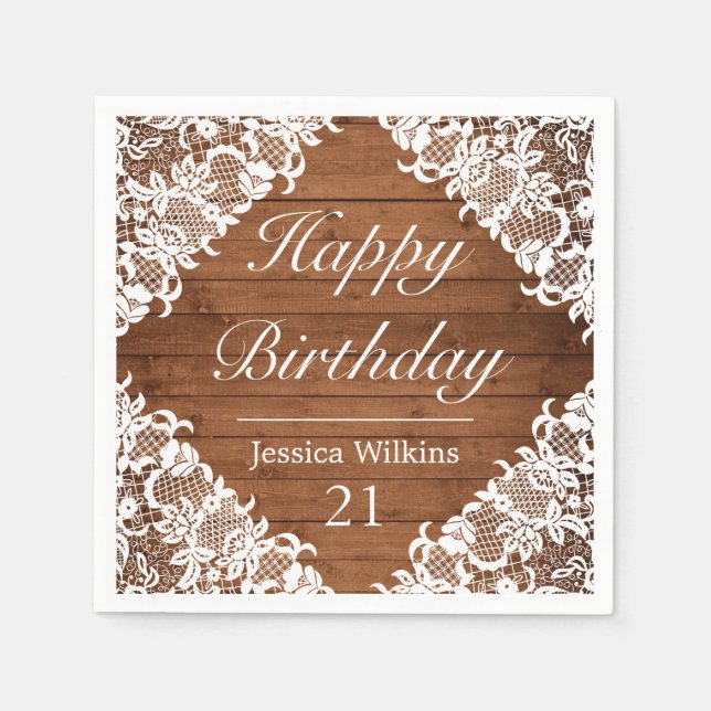 Rustic Wood & White Lace Happy Birthday Napkin (Front)