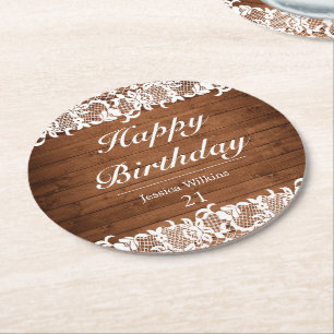 Rustic Wood & White Lace Happy Birthday Round Paper Coaster