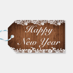 Rustic Wood & White Lace Happy New Year Gift Tags