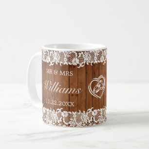 Rustic Wood & White Lace Heart Ring Wedding Mr Mrs Coffee Mug