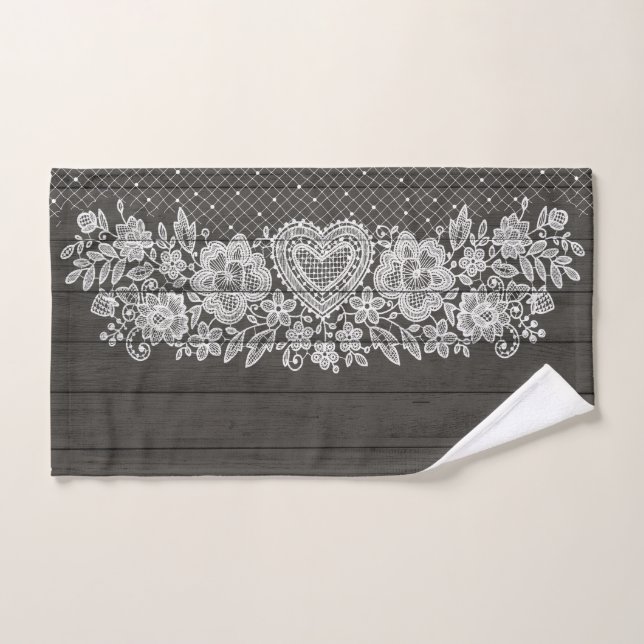 Rustic Wood & White Lace Lacy Farmhouse Bath Towel Set (Hand Towel)