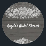 Rustic Wood & White Lace Lacy Farmhouse Chic Classic Round Sticker<br><div class="desc">Customise with any text you want.</div>