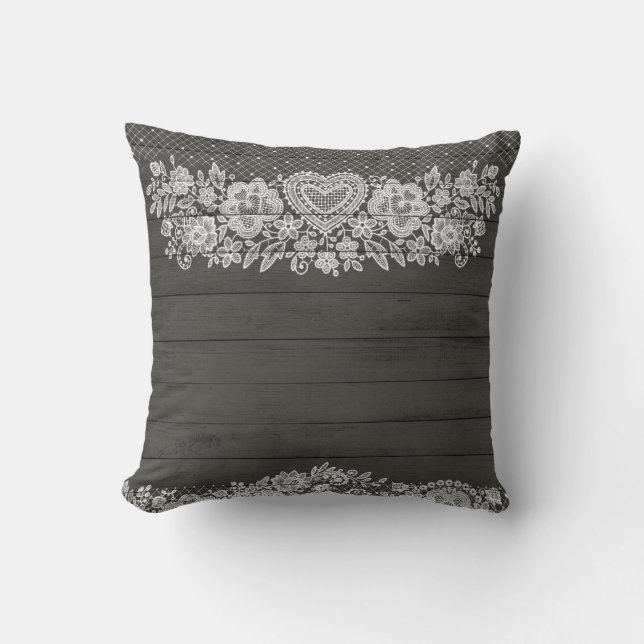 Rustic Wood & White Lace Lacy Farmhouse Chic Cushion (Front)
