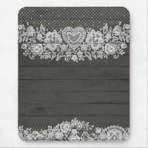 Rustic Wood & White Lace Lacy Farmhouse Chic Mouse Mat
