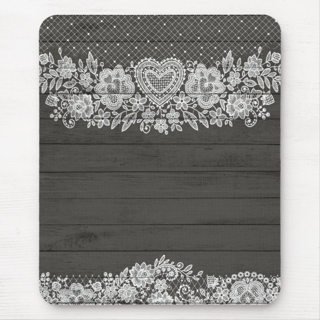 Rustic Wood & White Lace Lacy Farmhouse Chic Mouse Mat (Front)