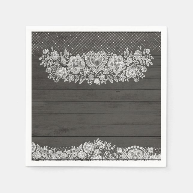 Rustic Wood & White Lace Lacy Farmhouse Chic Party Napkin (Front)